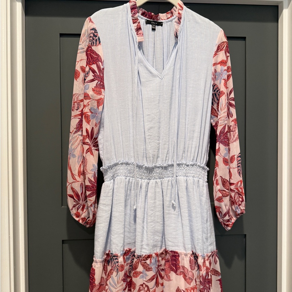 DREW Blue and Red Floral Long Sleeve Dress